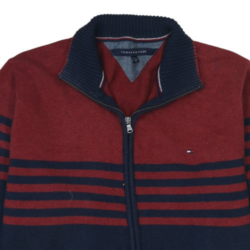 Tommy Hilfiger Men's Red & Navy Striped Full Zip Cotton Jumper 2XL