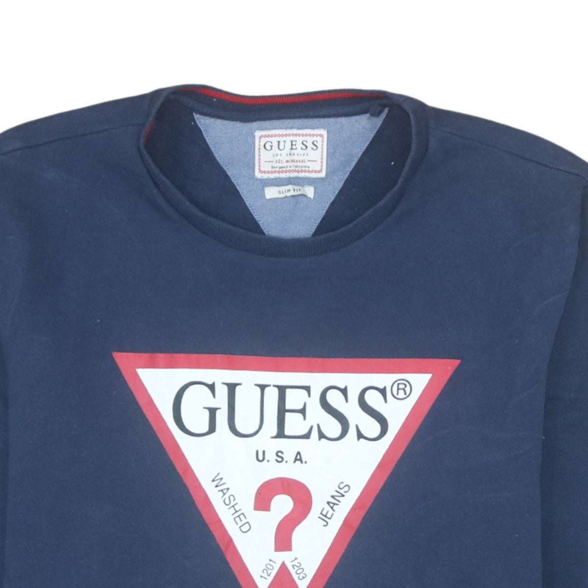 Guess Men's Blue Slim Fit Crew Neck Logo Sweatshirt M