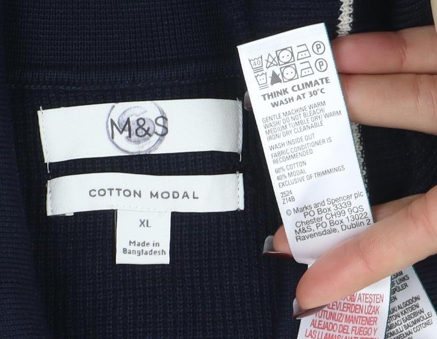 Marks & Spencer Mens Blue Striped Cotton Modal Zip Neck Polo XL