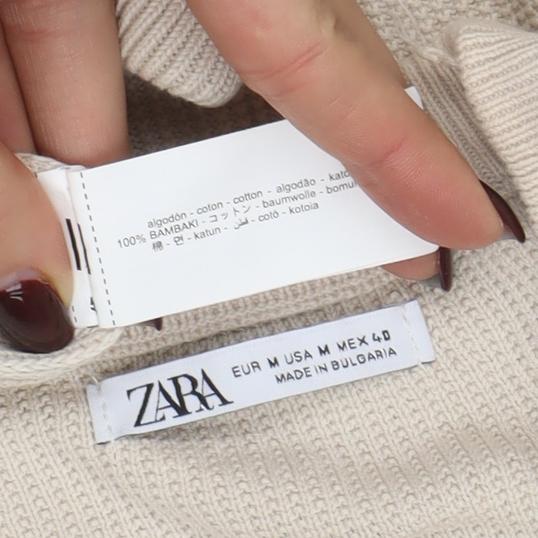 Zara Men's Beige Cotton Crew Neck Jumper Size M