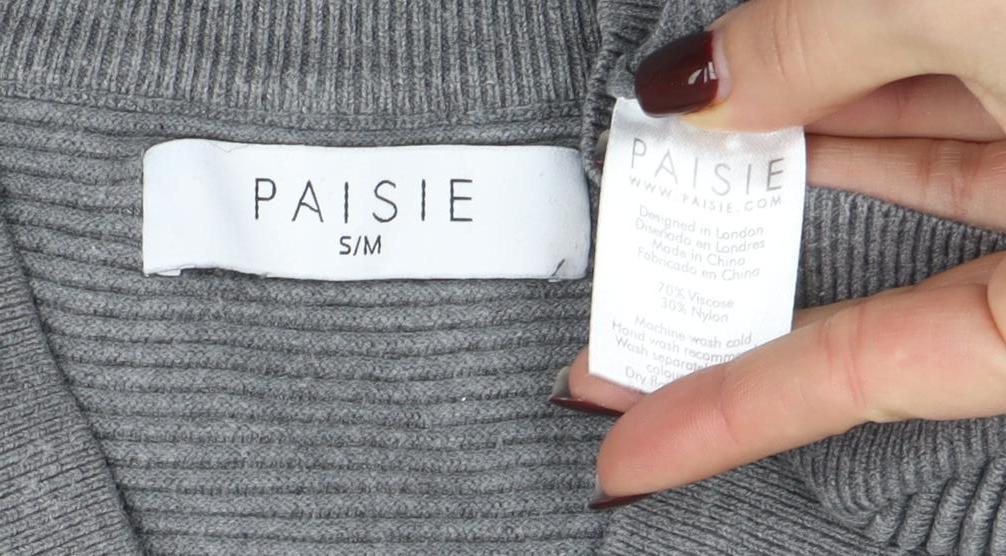 Paisie Women's Grey V-Neck Relaxed Knit Jumper S