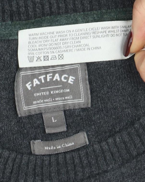 FatFace Men's Grey Cotton Cashmere Crew Neck Jumper Size L