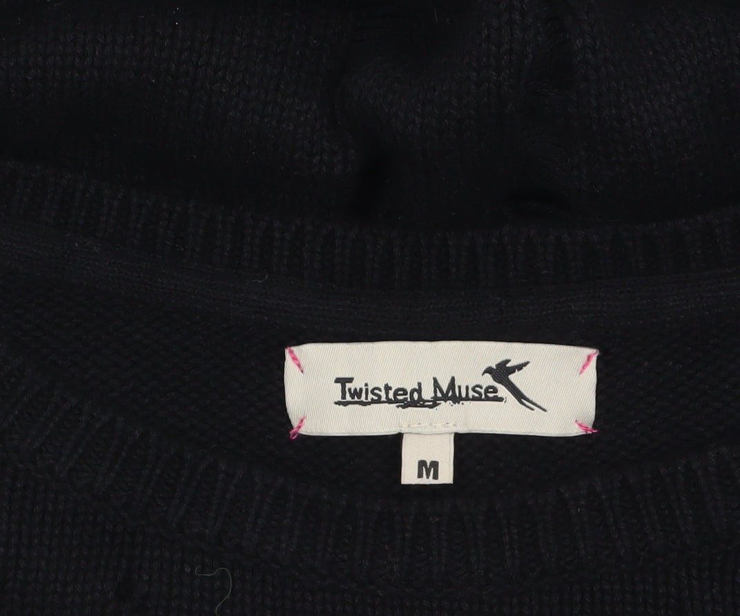 Twisted Muse Womens Black Cotton Distressed Knit Pullover Jumper M