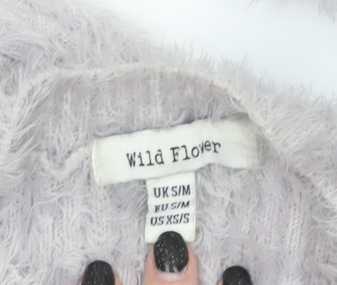 Wild Flower Women’s Grey Fuzzy Knit Long Sleeve Pullover Jumper S