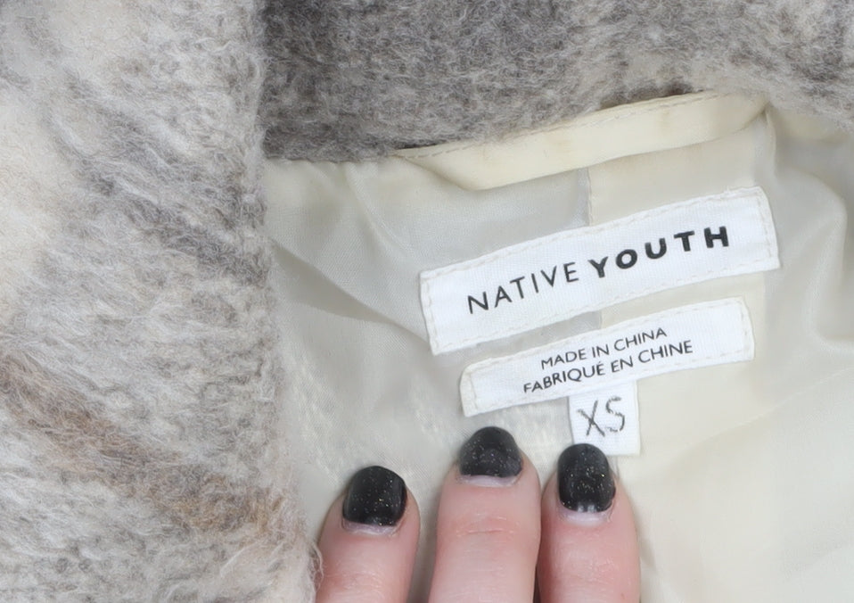 Native Youth Women Beige Checked Wool Cropped Bomber Jacket XS