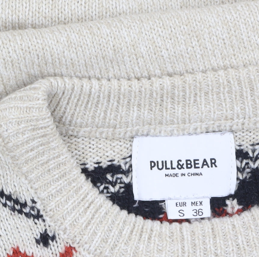 Pull&Bear Men's Beige Fair Isle Knit Jumper Size S