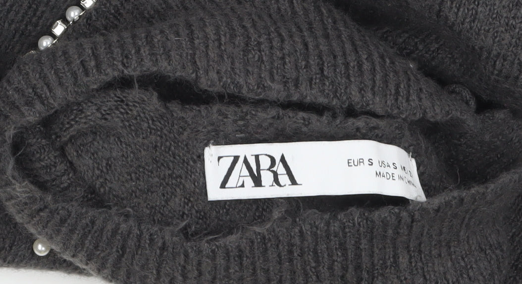 Zara Women Grey Beaded Mock Neck Long Sleeve Knit Jumper S