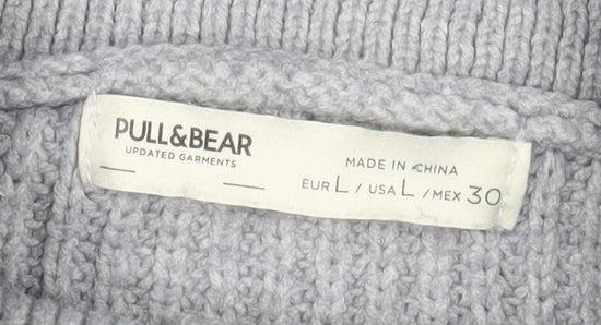 Pull & Bear Men Grey L 1/2 Zip Chunky Knit High Neck Jumper