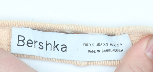 Bershka Women’s Beige Ribbed Halter Cropped Tank Top XS