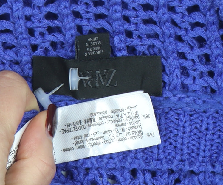 Zara Women's Blue Open Knit Cotton Jumper Size S Short Sleeve