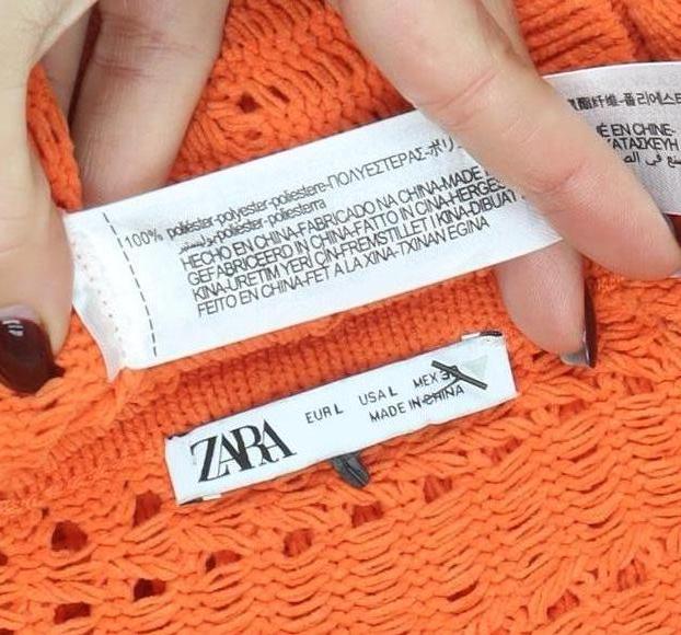 Zara Women Orange Open-Knit Button Cardigan Size 10 Polyester