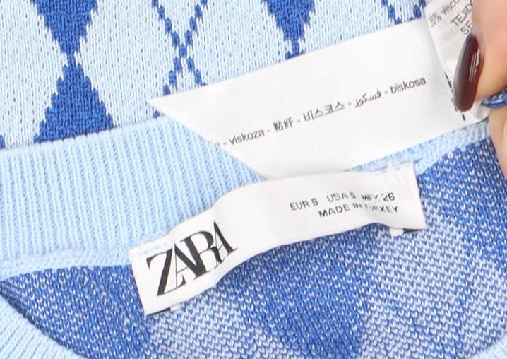 ZARA Women Blue Argyle Sleeveless Knit Shift Dress Size 10