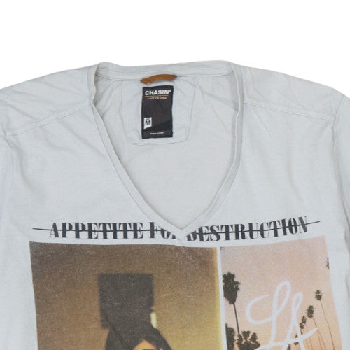 Chasin' Men's Grey Graphic Print V-Neck Cotton T-Shirt Size M