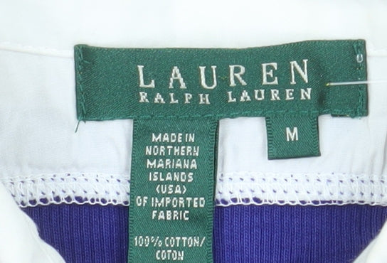 Lauren Ralph Lauren Women Blue Cotton V-Neck Collared Short Sleeve Top M