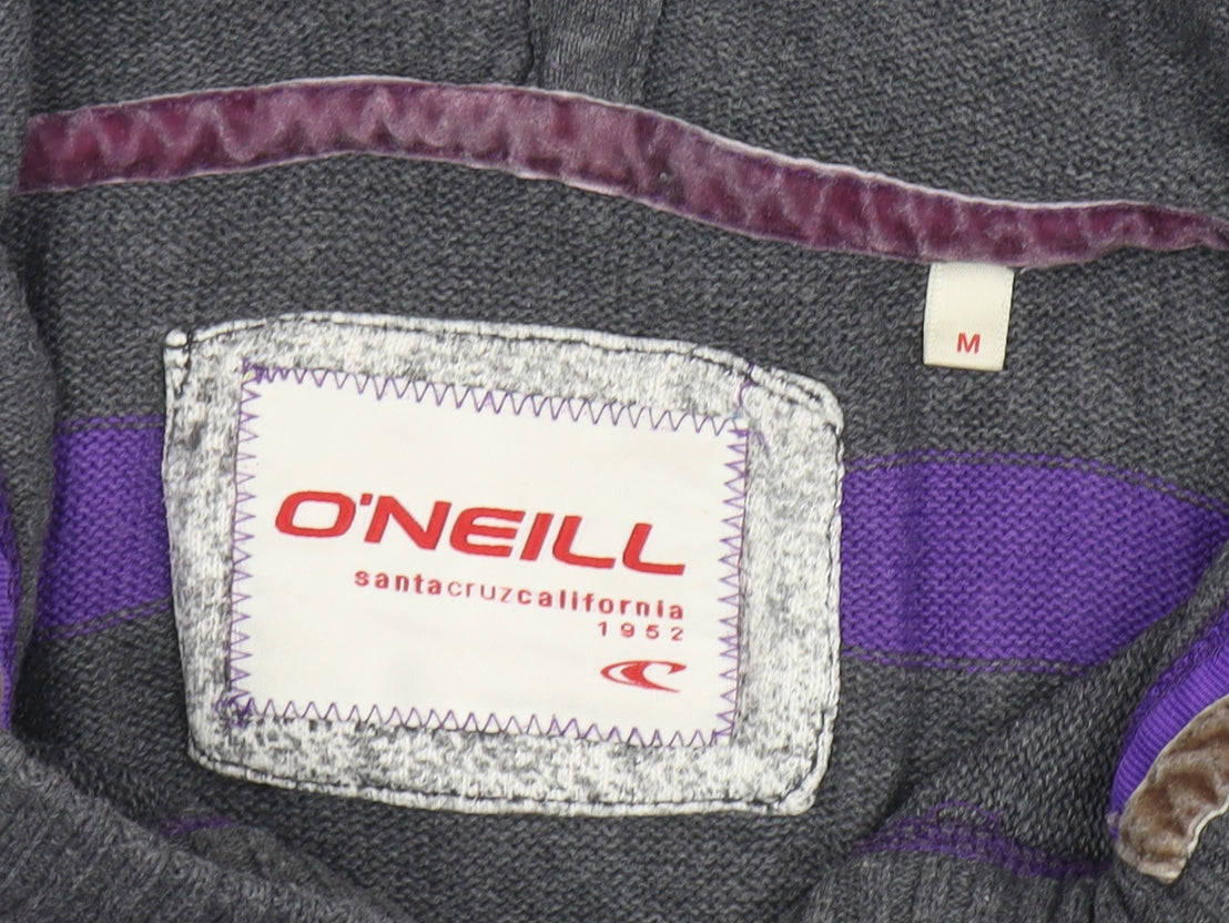 O'Neill Womens Grey Purple Striped Henley Hoodie Medium Cotton Blend