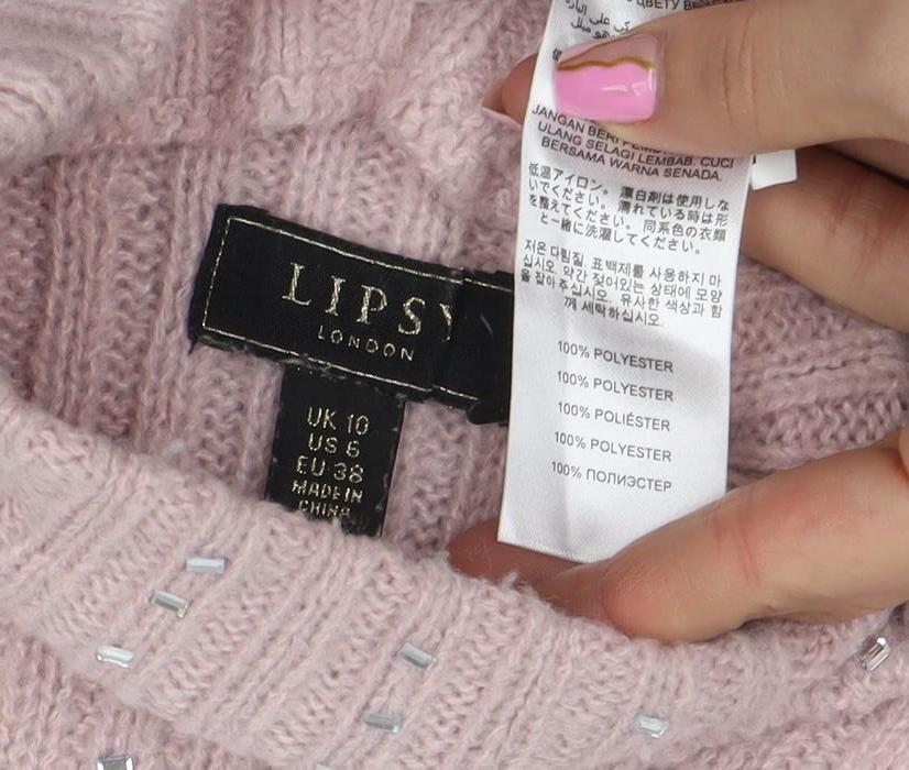 Lipsy London Women’s Pink Roll Neck Beaded Knit Jumper Size 10
