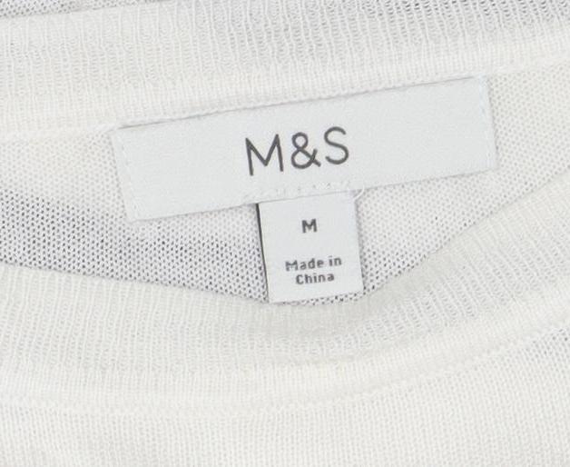 Marks and Spencer Women's White Striped Long Sleeve Cotton T-Shirt M