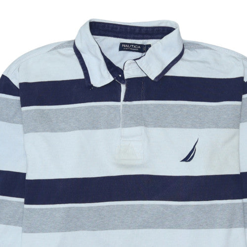 Nautica Men's Blue Striped Long Sleeve Collared Polo Shirt XL