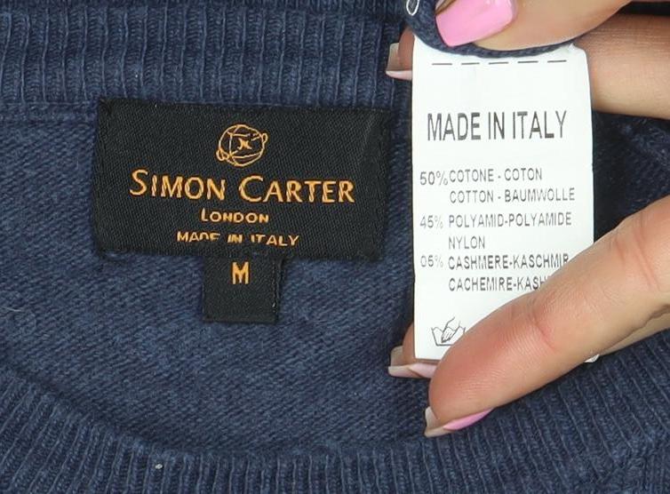 Simon Carter Men’s Blue Cotton Cashmere Crew Neck Jumper Size M