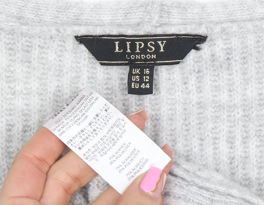 Lipsy Women’s Grey V-Neck Button Cardigan UK 16 Acrylic Knit