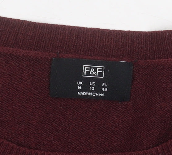 F&F Women Burgundy Long Sleeve Jumper UK 14 Eyelet Detail Knit