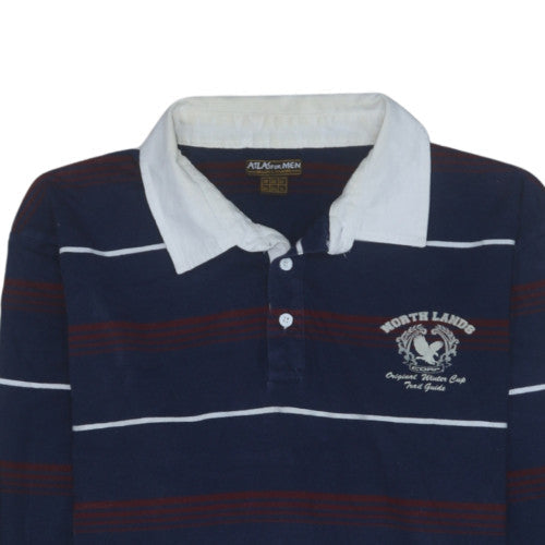Atlas For Men Navy Blue XL Long Sleeve Striped Collared Polo Shirt