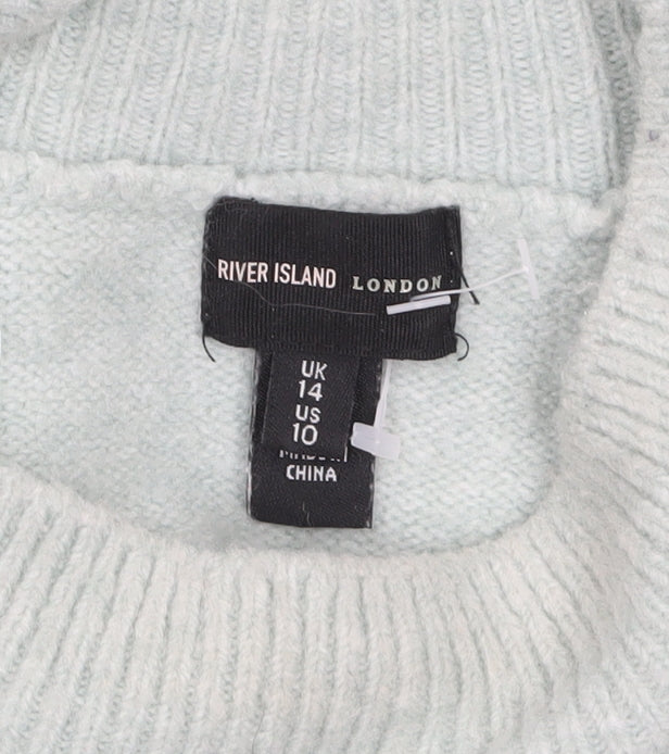 River Island Women Green Beaded Mock Neck Balloon Sleeve Jumper Size 14