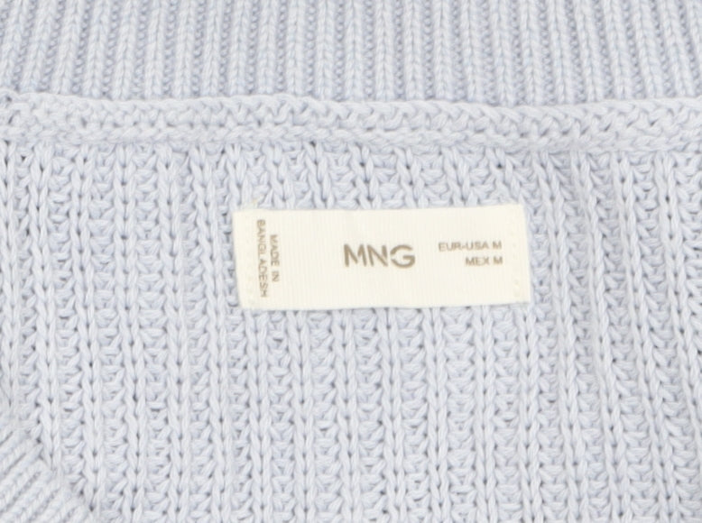 Mango Women Blue Striped V-Neck Cotton Knit Jumper Size M