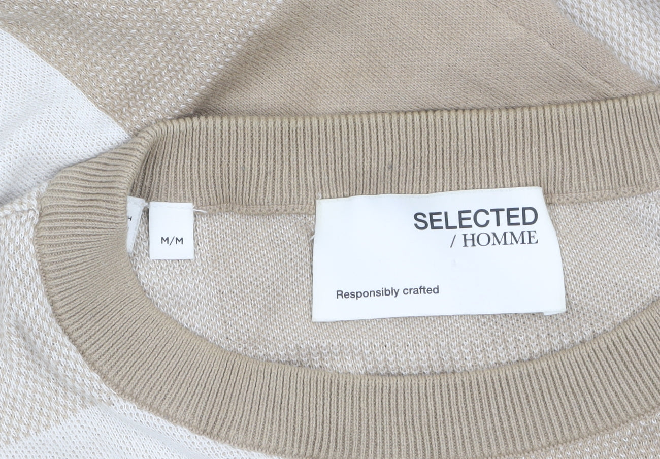 SELECTED HOMME Men Beige Check Cotton Crew Neck Jumper M