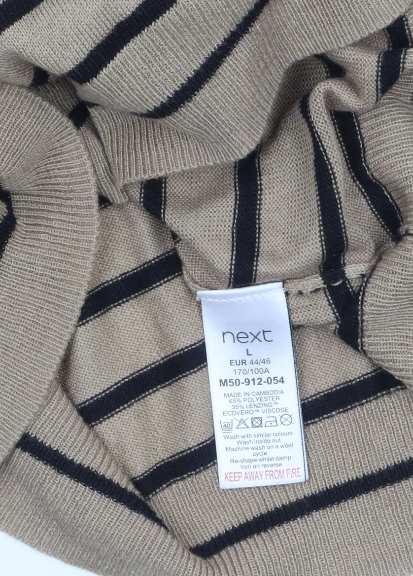 Next Womens Beige Black Striped Jumper L Long Sleeve Crew Neck