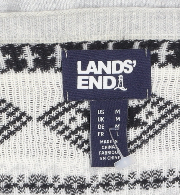 Lands' End Women Grey Fair Isle Cotton Cardigan L
