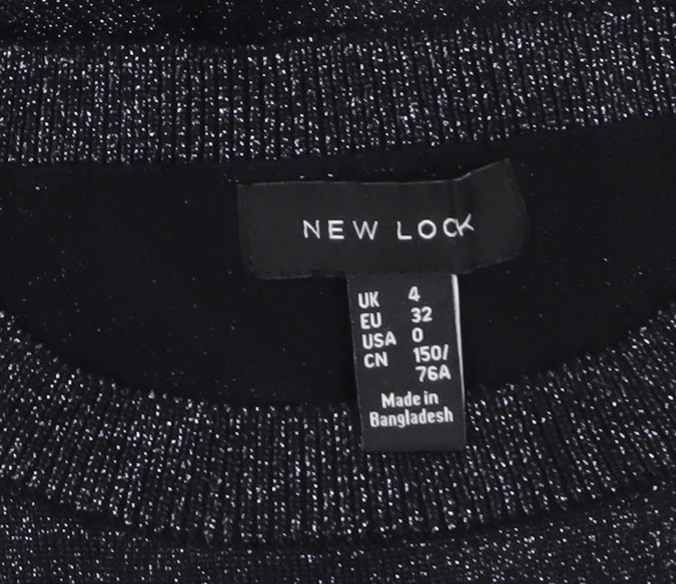 New Look Women's Black Glitter Puff Sleeve Crew Neck Jumper Size 4