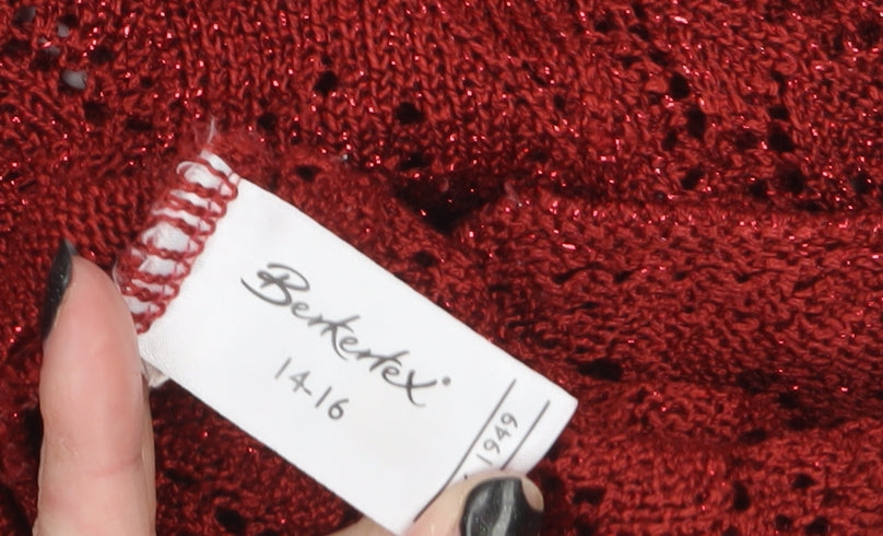 Berkertex Women Red Crochet Knit Short Sleeve Blouse Size 14