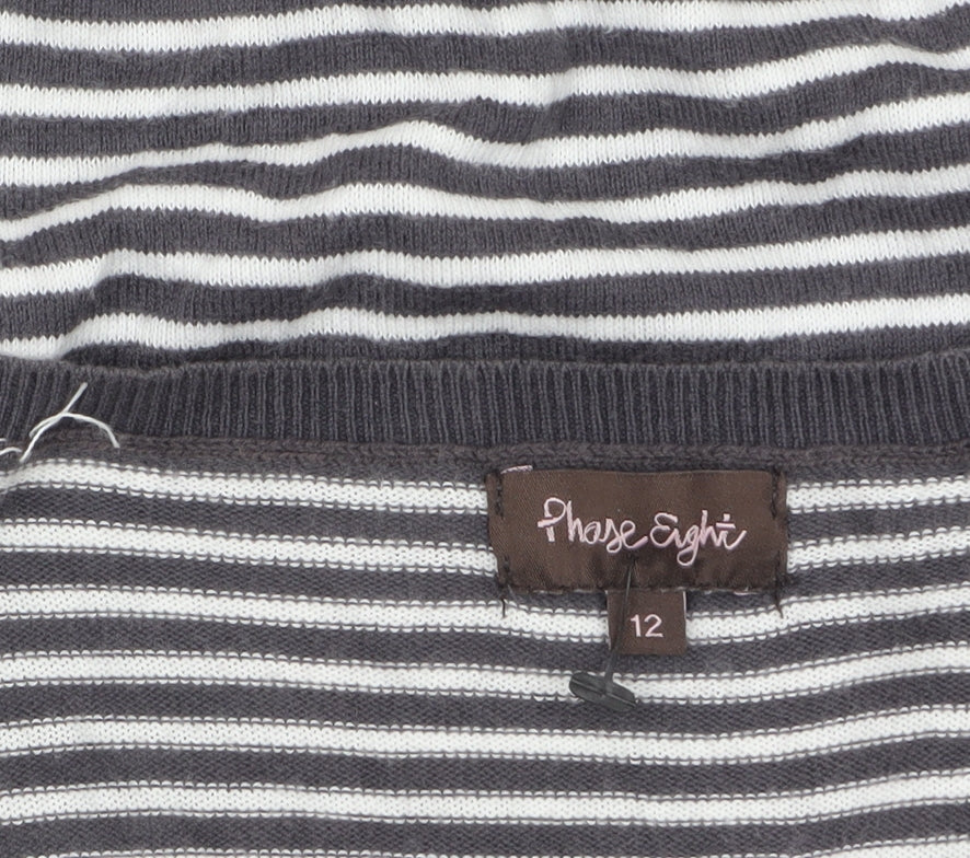 Phase Eight Women Grey Stripe Cotton Short Sleeve Pullover Jumper Size 12