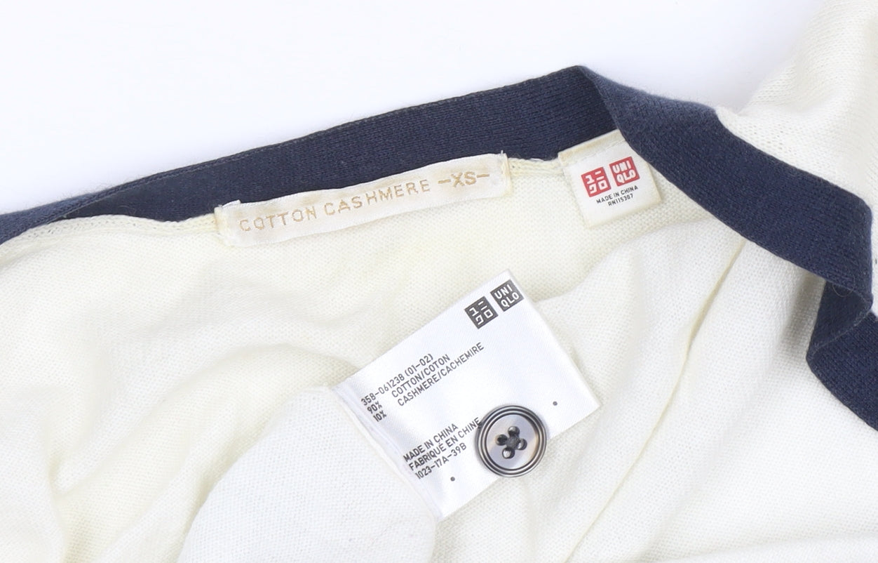 Uniqlo Women Ivory Cotton Cashmere Cardigan XS V-Neck Classic Style