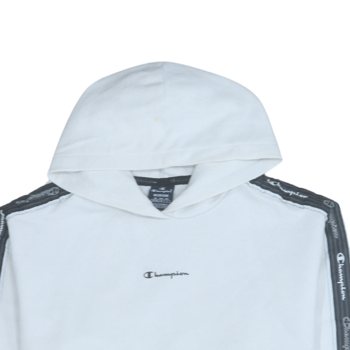 Champion Men White Pullover Hoodie Medium Logo Tape Sleeve Sportswear