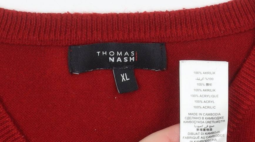 Thomas Nash Men's Red V-Neck Acrylic Pullover Jumper XL