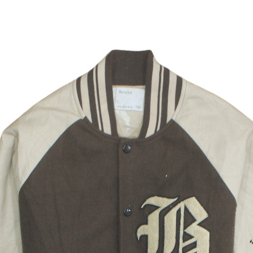 Bershka Women Brown Varsity Jacket Size 12 Embroidered College Style