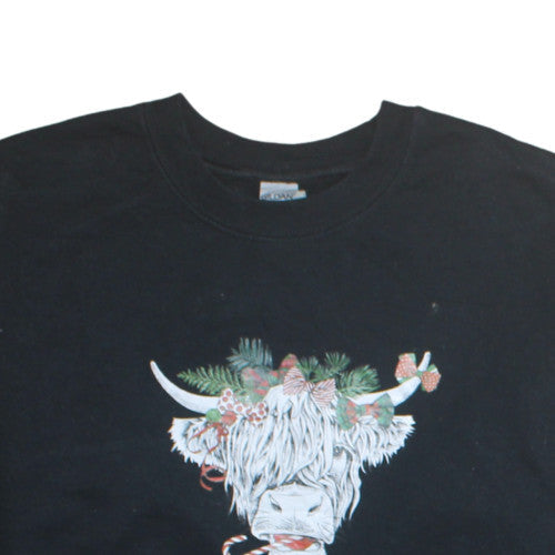 Gildan Women's Black Medium Pullover Sweatshirt Highland Cow Print