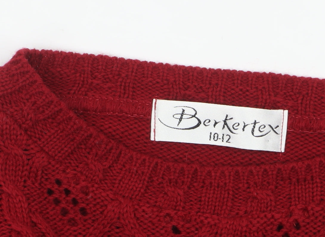 Berkertex Women's Dark Red Cable-Knit Acrylic Jumper Size 10-12