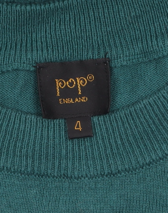 Pop England Women's Green Short Sleeve Crew Neck Cotton Pullover Jumper Size 4