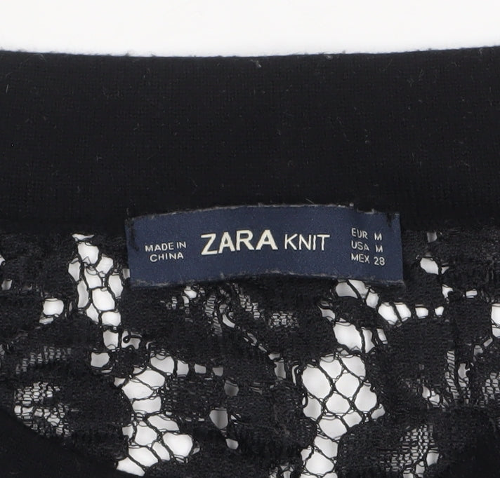 Zara Women Black Crew Neck Lace Knit 3/4 Sleeve Pullover Jumper Size 12