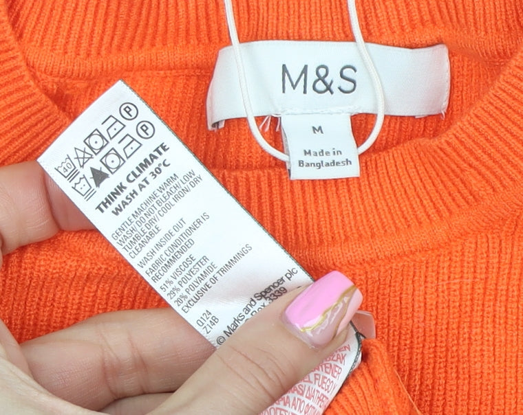 Marks & Spencer Womens Orange M Crew Neck Button Shoulder Jumper
