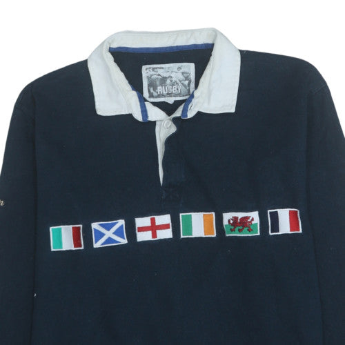 Rugby Men's Blue Embroidered Flag Long Sleeve Polo Shirt XL