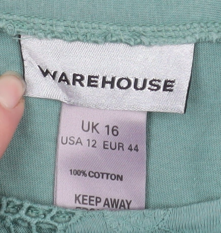 Warehouse Women’s Green Cotton Long Sleeve Crochet Blouse Size 16