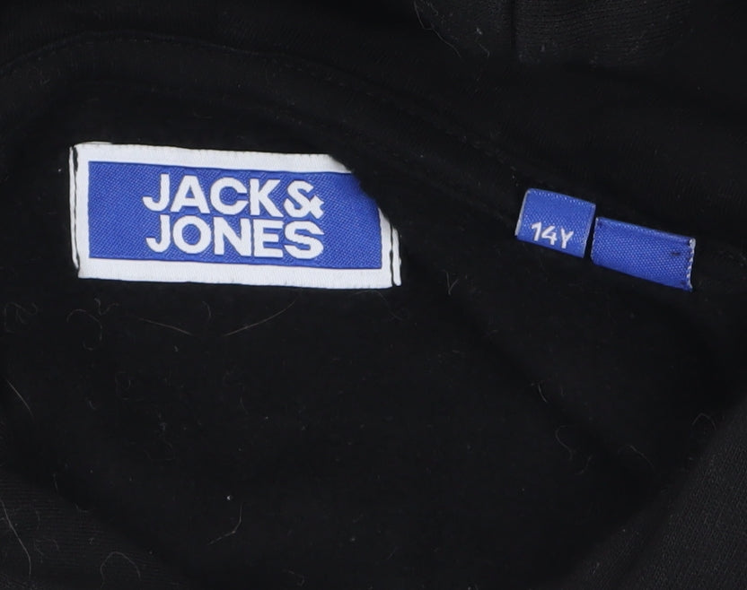 Jack & Jones Boys Black Pullover Hoodie 14 Years Cotton Blend Logo Print