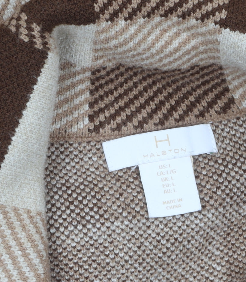 Halston Women Brown Check Knit Cropped Pea Coat Jacket Size L