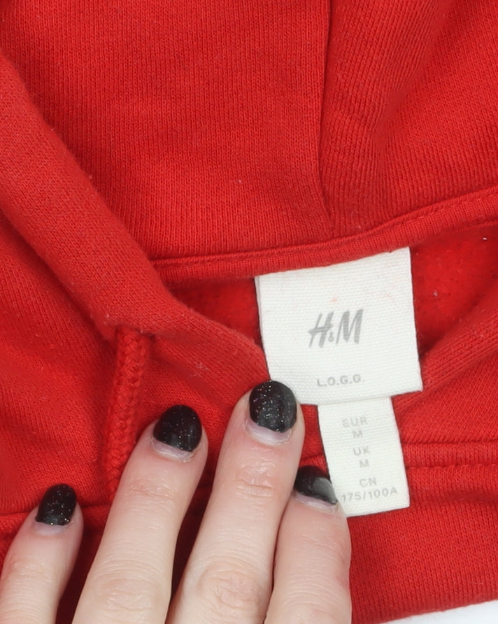 H&M Men's Red and Navy Pullover Hoodie Medium Fleece Cotton Blend