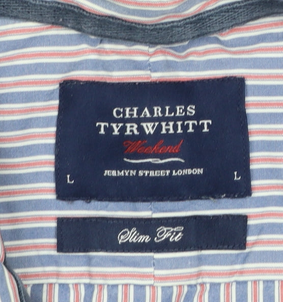 Charles Tyrwhitt Men's Blue Striped Slim Fit Button-Up Shirt L