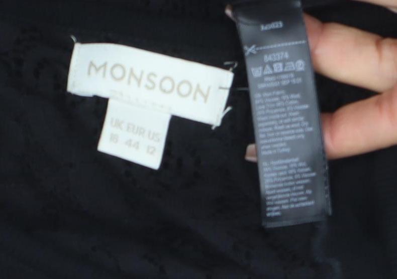 Monsoon Women's Black Lace Panel Long Sleeve Blouse Size 12